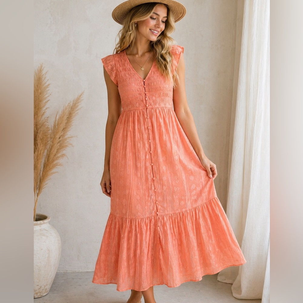 Flag & Anthem ❤️ Coral 100% Cotton Midi Dress Button Front Smocked Bodice NWOT